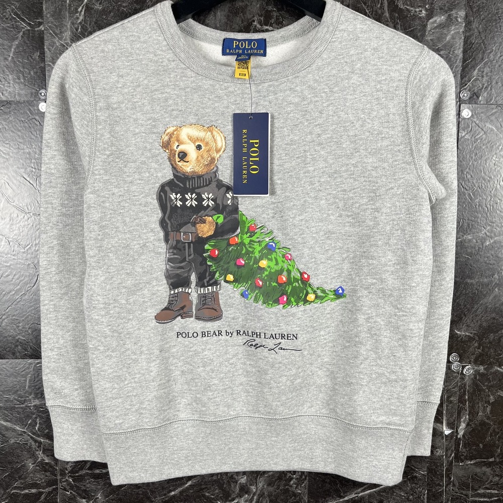 Polo Ralph Lauren Boy's Grey Christmas Polo Bear Sweatshirt Small (8) -New